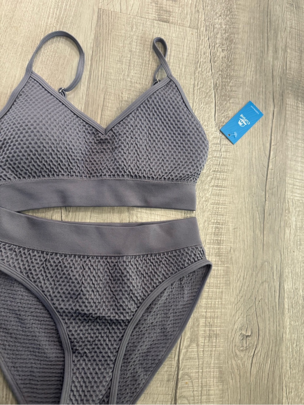 Cupshe Textured Charcoal High-Waist Bikini Set - Picture 6 of 9
